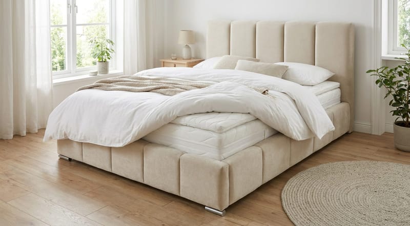 Cleaton Sängram 160x200 cm med Förvaring HVILA Pocketresårmadrass och Bäddmadrass i Latex med Tvättbar klädsel - Beige/Vit - Products - Möbler - Säng - Komplett sängpaket