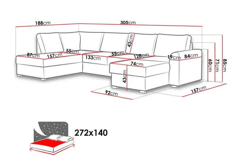 Wilma Stor 6-sits U-formad Bäddsoffa med Förvaring - Svart - Products - Möbler - Soffa - Bäddsoffa - Bäddsoffa divan