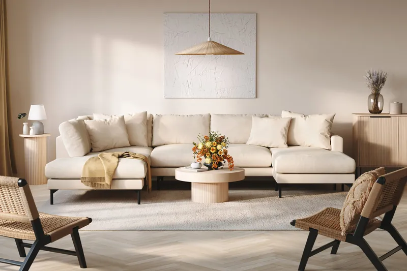 Menard 4-sits Vänstervänd Stor U-formad Djup Large Soffa med Divan och Schäslong i Manchester - Beige - Products - Möbler - Soffa - Divansoffa & schäslongsoffa - 4 sits soffa med divan