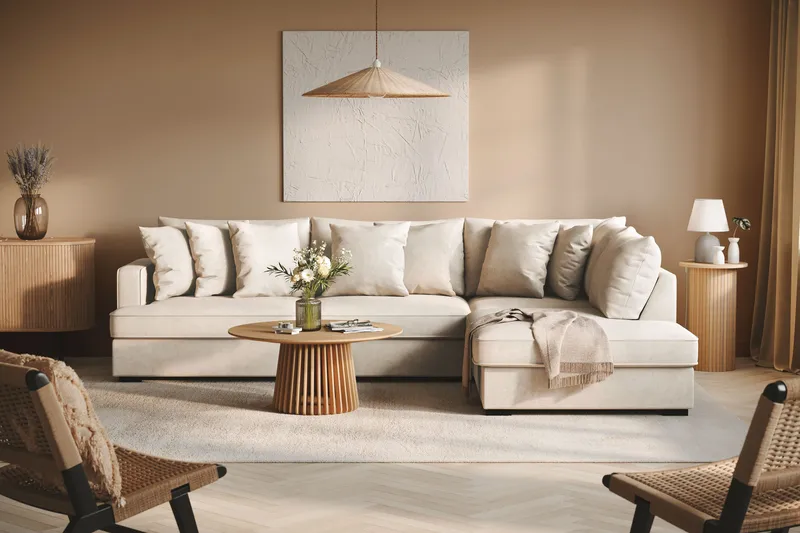 Rossita 4-sits Högervänd L-formad Djup Schäslongsoffa i Tyg - Beige - Products - Möbler - Soffa - Divansoffa & schäslongsoffa - 4 sits soffa med divan