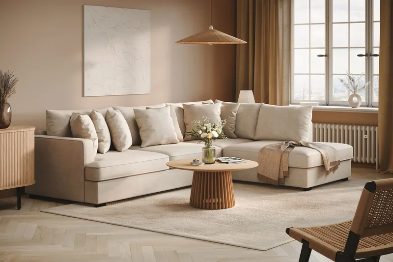 Rossita 4-sits Högervänd L-formad Djup Schäslongsoffa i Tyg - Beige - Products - Möbler - Soffa - Divansoffa & schäslongsoffa - 4 sits soffa med divan