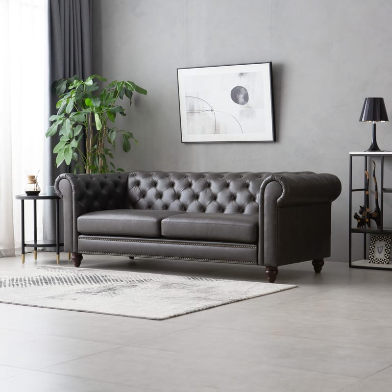 Soffa chesterfield 3-sits 219 cm mörkbrunt konstläder - Mörkbrun - Products - Möbler - Soffa - Chesterfield soffa