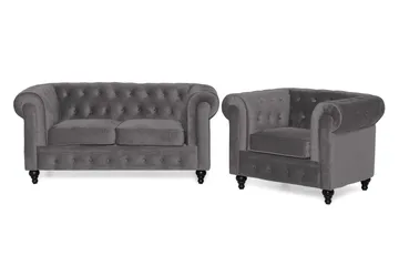 Chesterfield Lyx Soffgrupp 2-sits+Fåtölj Sammet, Grå