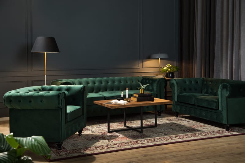 Chesterfield Lyx Soffgrupp 2-sits+Fåtölj Sammet - Grön - Products - Möbler - Soffa - Soffgrupp - Chesterfield soffgrupp