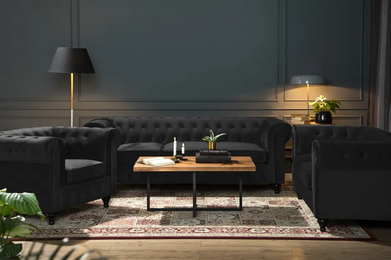 Chesterfield Lyx Soffgrupp 2-sits+Fåtölj Sammet - Svart - Products - Möbler - Soffa - Soffgrupp - Chesterfield soffgrupp