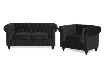 Chesterfield Lyx Soffgrupp 2-sits+Fåtölj Sammet, Svart