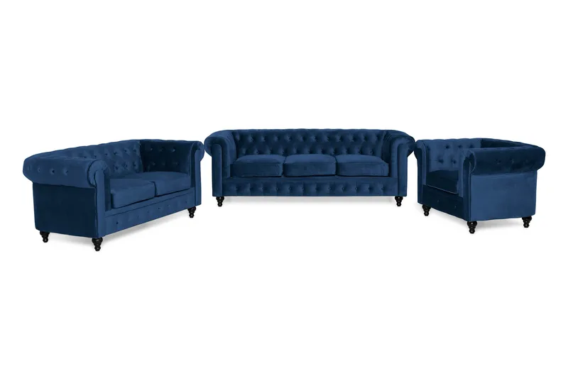 Chesterfield Lyx Soffgrupp 3+2+1 i Sammet - Mörklblå / Blå - Products - Möbler - Soffa - Soffgrupp - Chesterfield soffgrupp
