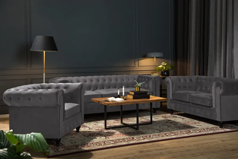 Chesterfield Lyx Soffgrupp 3+2 i Sammet - Mörkgrå - Products - Möbler - Soffa - Soffgrupp - Chesterfield soffgrupp