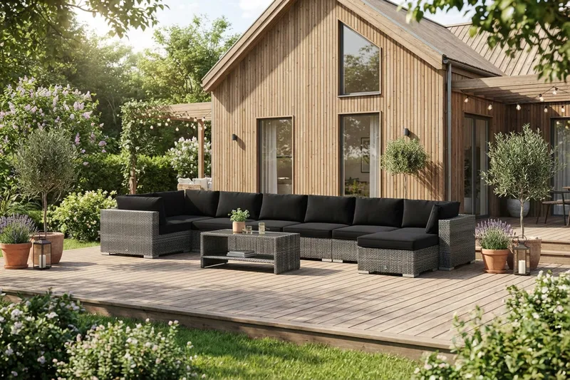 Bahamas U-formad utomhus loungegrupp 8-sits med vändbar divan och bord med hylla - Grå - Products - Utemöbler & utemiljö - Loungemöbler - Loungeset & loungegrupp