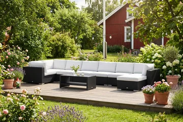 Bahamas U-formad utomhus loungegrupp 8-sits med vändbar divan och bord med hylla - Svart - Products - Utemöbler & utemiljö - Loungemöbler - Loungeset & loungegrupp