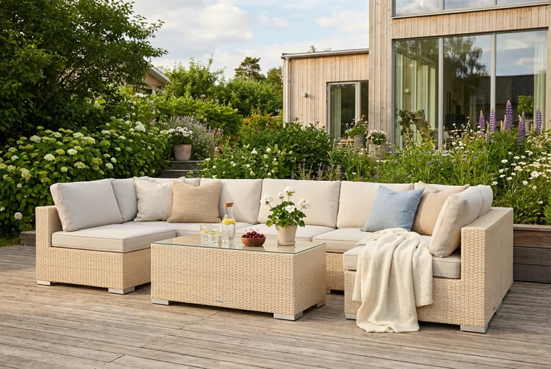 Bahamas U-formad utomhus loungegrupp med öppet avslut, 7-sits med bord - Beige - Products - Utemöbler & utemiljö - Loungemöbler - Loungeset & loungegrupp