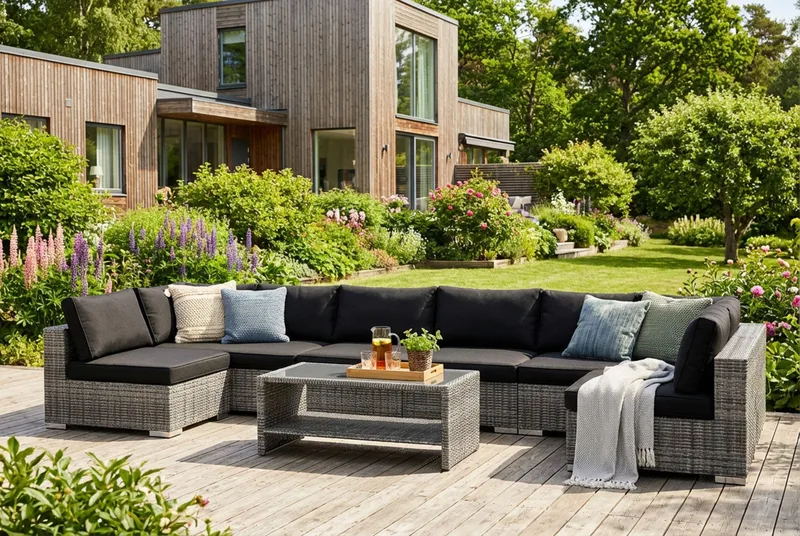 Bahamas U-formad utomhus loungegrupp med öppet avslut, 8-sits med bord och hylla - Grå - Products - Utemöbler & utemiljö - Loungemöbler - Loungeset & loungegrupp