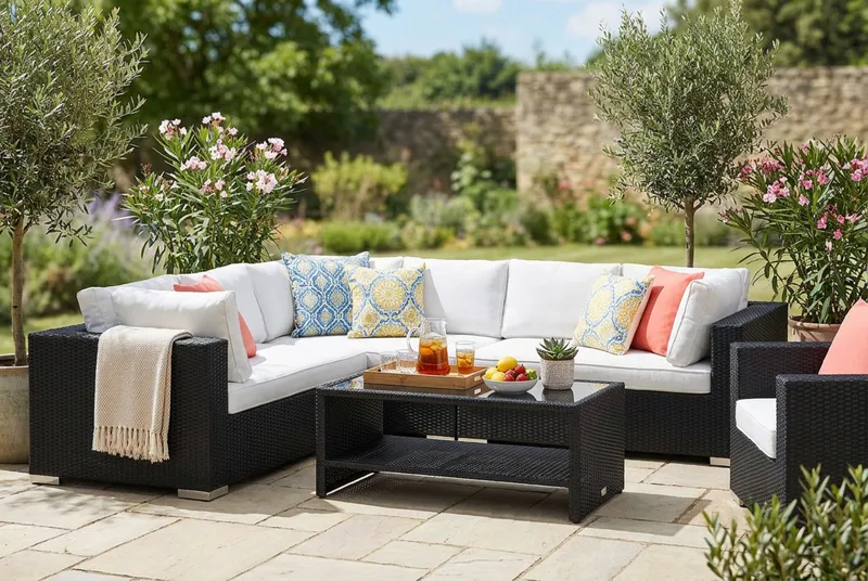 Bahamas utomhus L-soffa vänster 7-sits med fåtölj och bord med hylla - Svart - Products - Utemöbler & utemiljö - Loungemöbler - Loungeset & loungegrupp