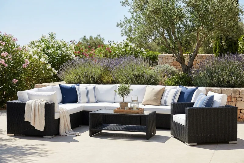 Bahamas utomhus L-soffa vänster 8-sits med fåtölj och bord med hylla - Svart - Products - Utemöbler & utemiljö - Loungemöbler - Loungeset & loungegrupp