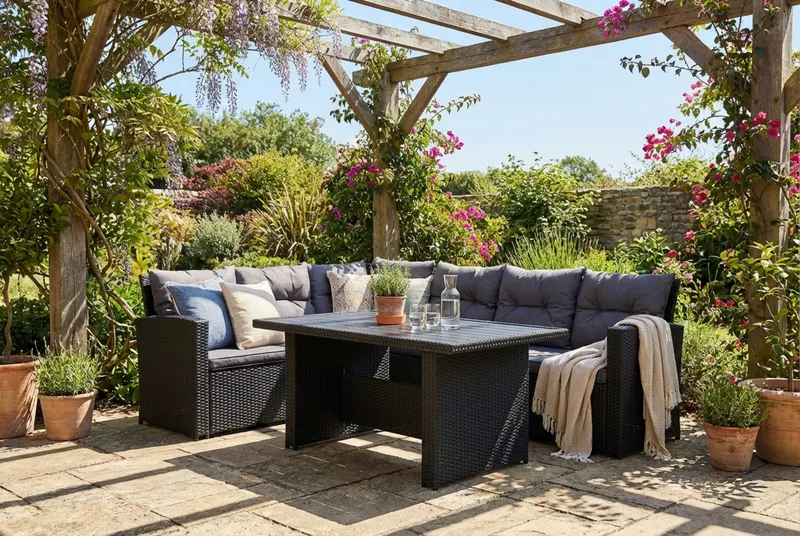 James 5-sits Vänstervänd Loungegrupp Utomhus – Soffgrupp med mörgrå dynor och bord i konstrotting - Grå - Products - Utemöbler & utemiljö - Loungemöbler - Loungeset & loungegrupp