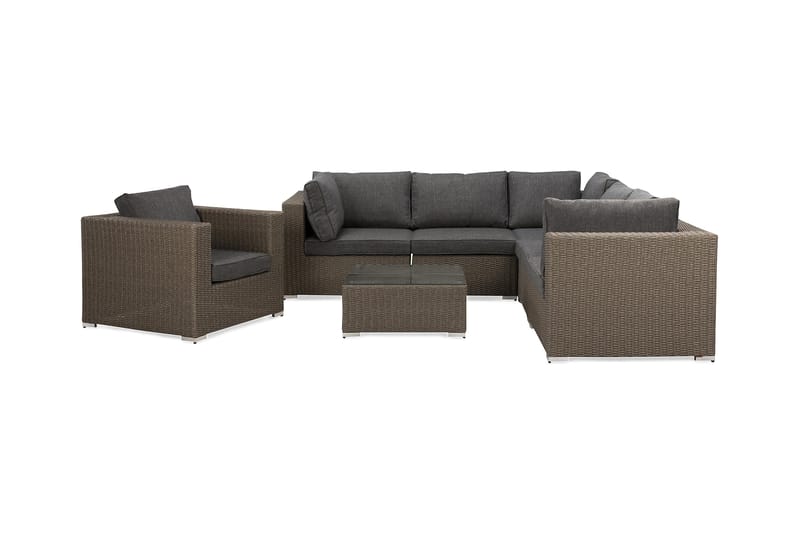 Marcus Loungegrupp Utomhus - 5-sits Loungeset i Konstrotting för Uteplats och Trädgård, Brun / Gråa dynor