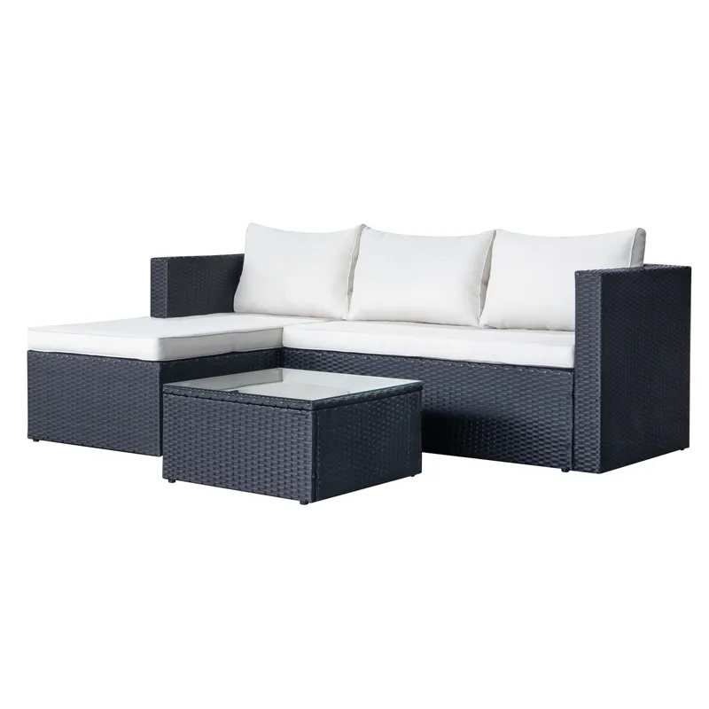 Mendoza l-formad 4-sits soffgrupp i konstrotting för altan och terrass - Svart / Vita dynor - Products - Utemöbler & utemiljö - Loungemöbler - Loungeset & loungegrupp