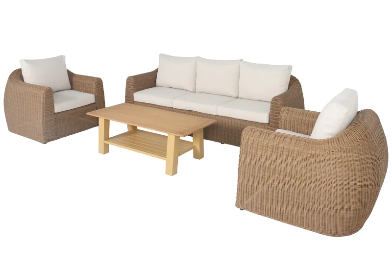 Utegrupp XL 2 st fåtöljer med 3-sits soffa och bord, Naturfärgad konstrotting och ljusbeige dynor