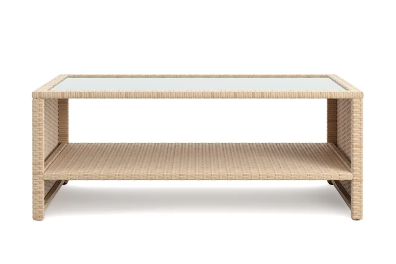 Wisconsin Soffbord utomhus i konstrotting med glasskiva och hylla för förvaring 58x110x43 cm, Beige