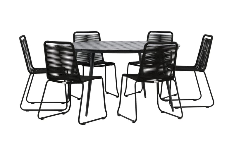 Break Matgrupp Utomhus Rund Ø150cm + 6 Lindos Stapelbara Matstolar - Svart - Products - Utemöbler & utemiljö - Utegrupp - Matgrupp utomhus