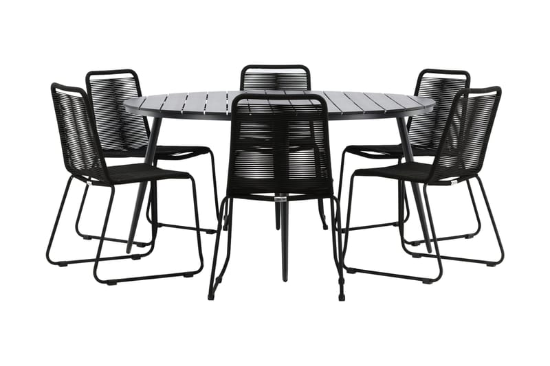Break Matgrupp Utomhus Rund Ø150cm + 6 Lindos Stapelbara Matstolar - Svart - Products - Utemöbler & utemiljö - Utegrupp - Matgrupp utomhus