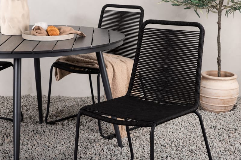 Break Matgrupp Utomhus Rund 120 cm + 4 Lindos Stapelbar Stol - Svart - Products - Utemöbler & utemiljö - Utegrupp - Matgrupp utomhus