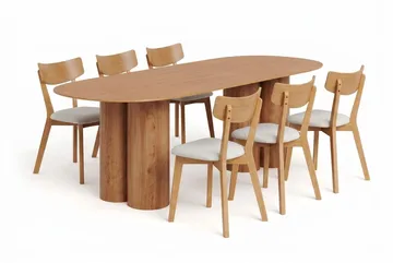 Juno Matgrupp 220 cm rektangulärt i Ek med 6 Amelia Matstolar med Dyna, Ek/Beige