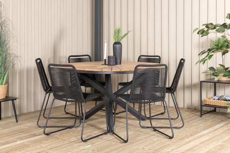 Mexico Matgrupp Utomhus Rund Ø140cm + 6 Lindos Stapelbara Matstolar - Svart - Products - Utemöbler & utemiljö - Utegrupp - Matgrupp utomhus