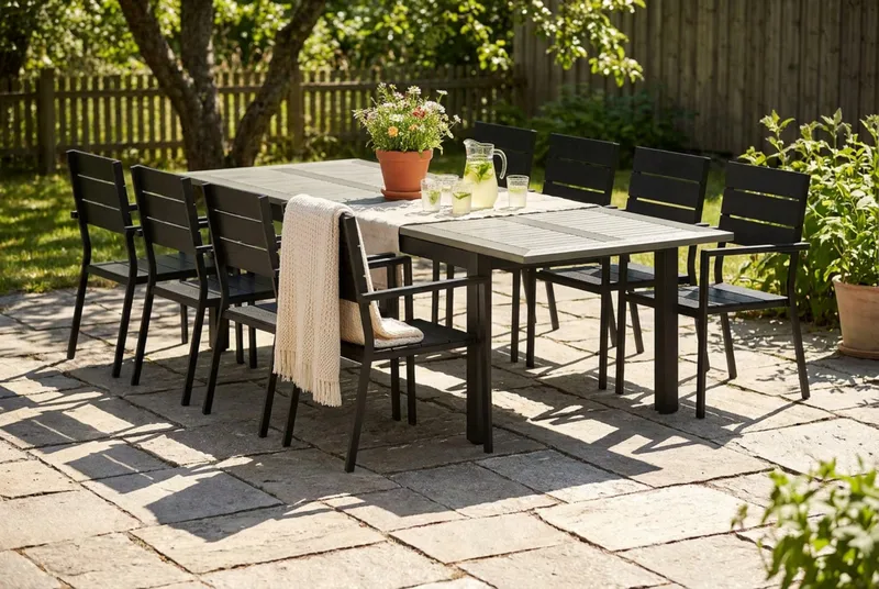 Monaco utomhus matgrupp förlängningsbart 210/310x90 med 8 Tunis stapelstolar - Svart/Grå - Products - Utemöbler & utemiljö - Utegrupp - Matgrupp utomhus