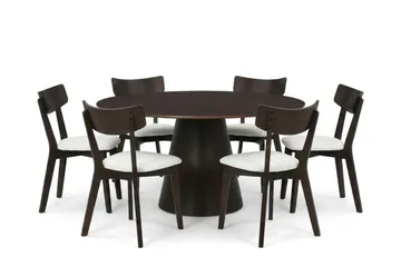 Siena Matgrupp 150 cm runt i Rökt Ek med 6 Amelia Matstolar med Dyna, Rökt Ek/Beige
