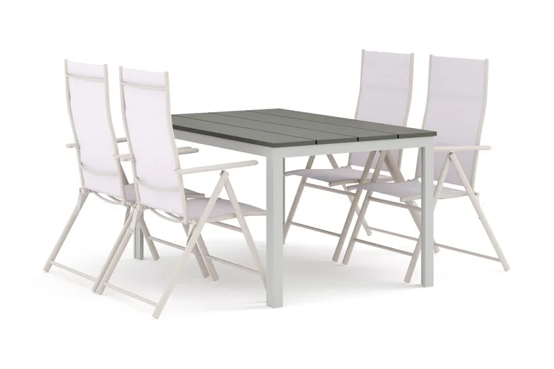 Tunis utomhus matgrupp 140x90 cm med 4 positionsstolar, Vit/Grå