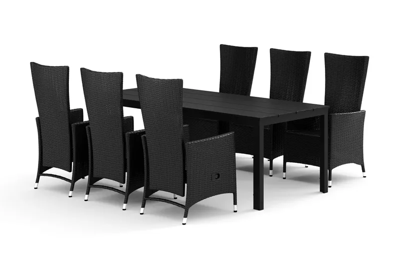 Tunis utomhus matgrupp 205x90 cm med 6 Jenny matstolar, Svart/Svart