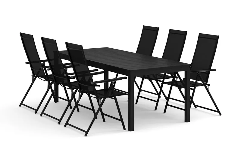 Tunis utomhus matgrupp förlängningsbart 205/305x90 cm med 6 Sanna positionsstolar, Svart/Svart