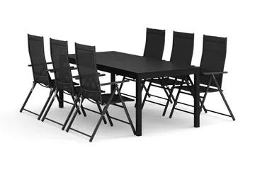 Tunis utomhus matgrupp förlängningsbart 205/305x90 cm med 6 positionsstolar, Svart/Svart
