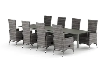 Tunis utomhus matgrupp förlängningsbart 205/305x90 cm med 8 Jenny matstolar, Vit/Grå