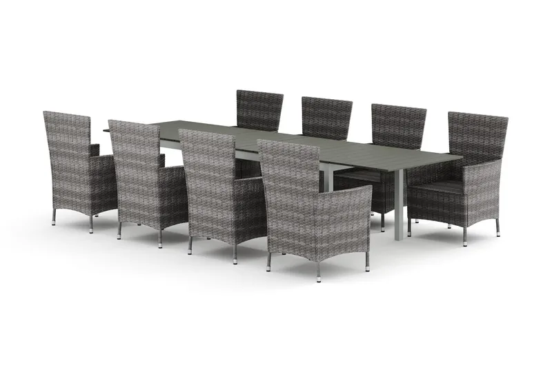 Tunis utomhus matgrupp förlängningsbart 205/305x90 cm med 8 Thor utefåtöljer, Vit/Grå