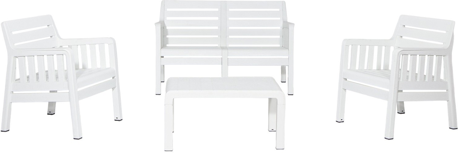 Loungegruppe Lara mit 2-Sitzer-Sofa, 2 Sesseln und Tisch ohne Kissen - Weiß Loungegruppe Lara mit 2-Sitzer-Sofa, 2 Sesseln und Tisch ohne Kissen - Weiß