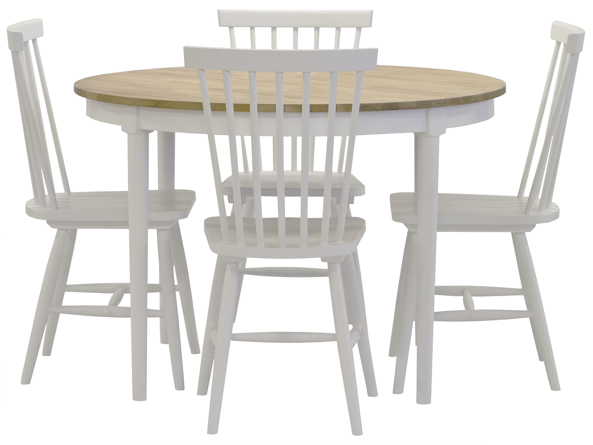 Esstischgarnitur: Dalar�s runder Esstisch wei�/Eiche ge�lt inklusive 4 Korbst�hlen Karl