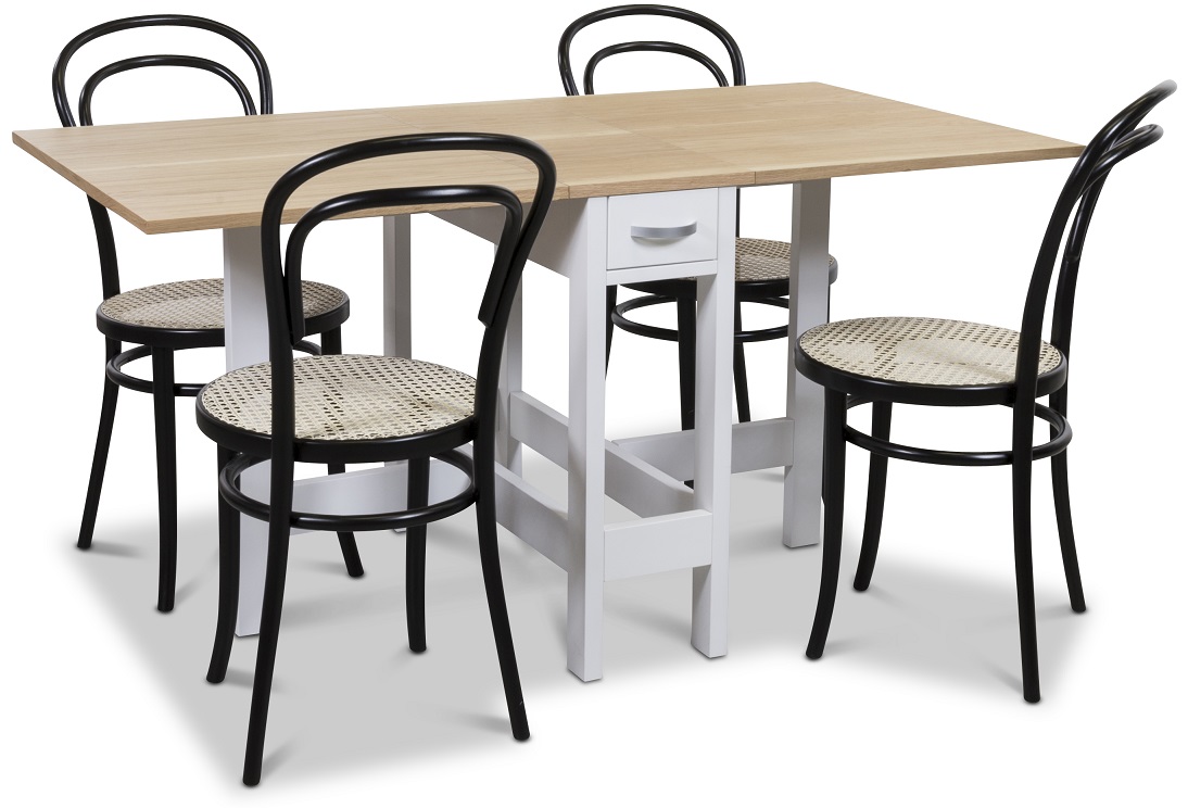 Signum Essgruppe Slag Tisch Weiß/Eiche mit 4 schwarzen Thonet No14 Signum Essgruppe Slag Tisch Weiß/Eiche mit 4 schwarzen Thonet No14