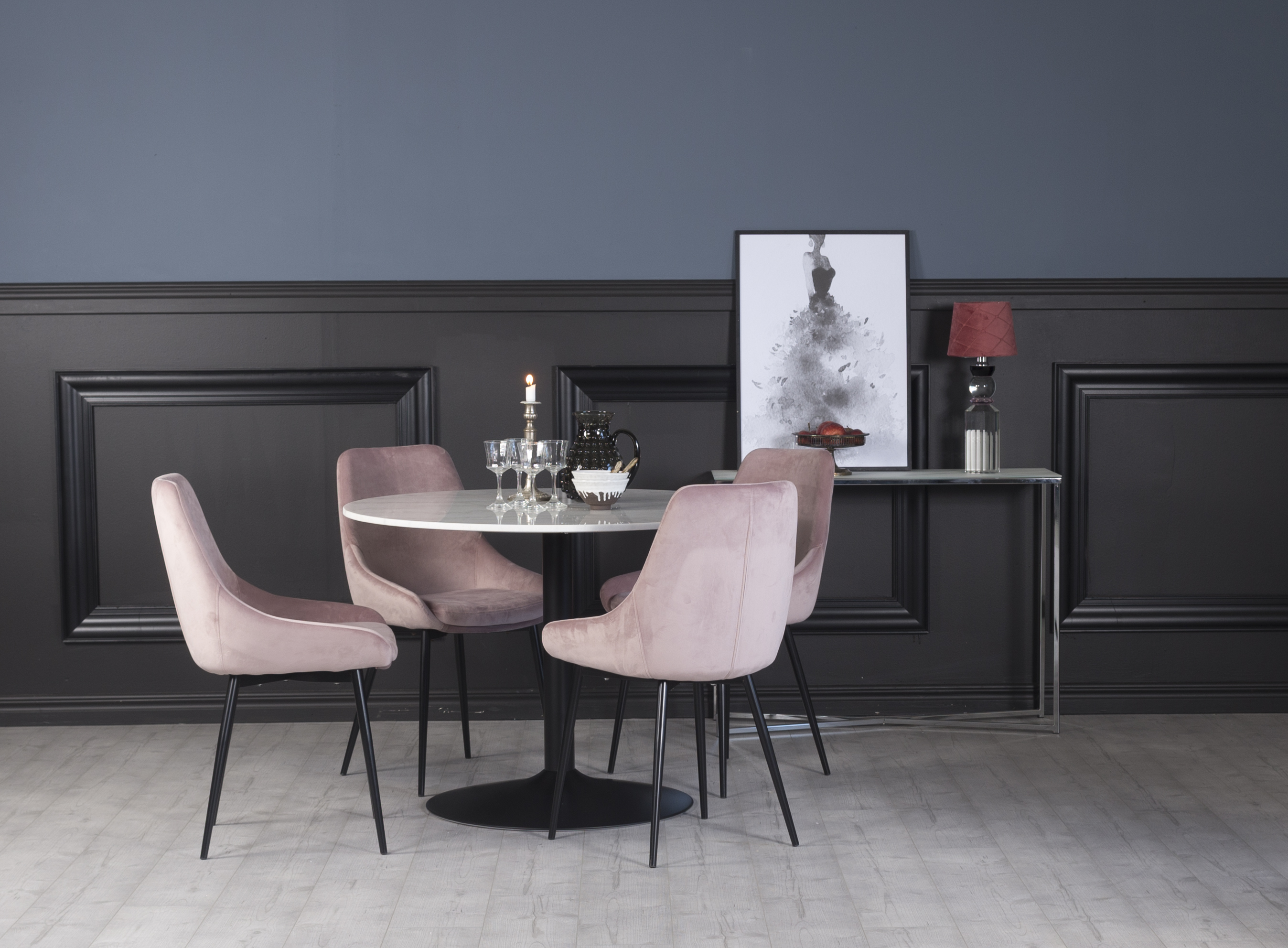 Plaza Essgruppe, Marmortisch mit 4 Theo Samtst�hlen - Pink/Wei�/Schwarz