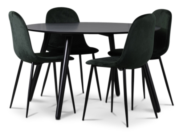Rosvik Essgruppe, Esstisch mit 4 Carisma Samtstühlen - Schwarz/Grün + 4.00 x Stuhlkissen Rosvik Essgruppe, Esstisch mit 4 Carisma Samtstühlen - Schwarz/Grün + 4.00 x Stuhlkissen