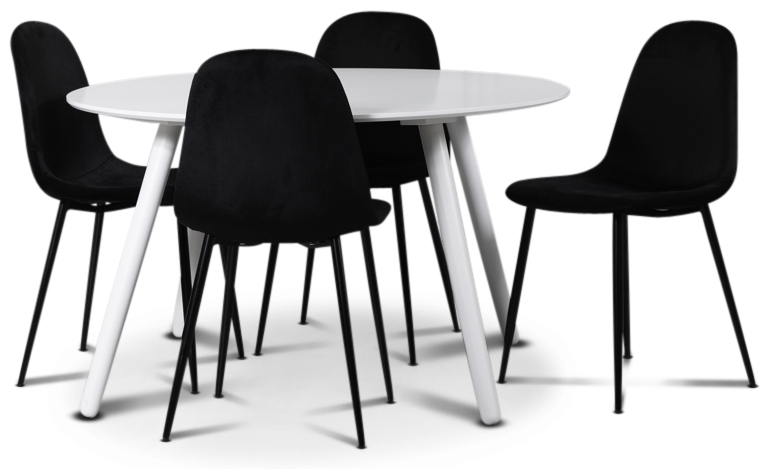 Rosvik Esstischset, Esstisch mit 4 Carisma Samtst�hlen - Wei�/Schwarz