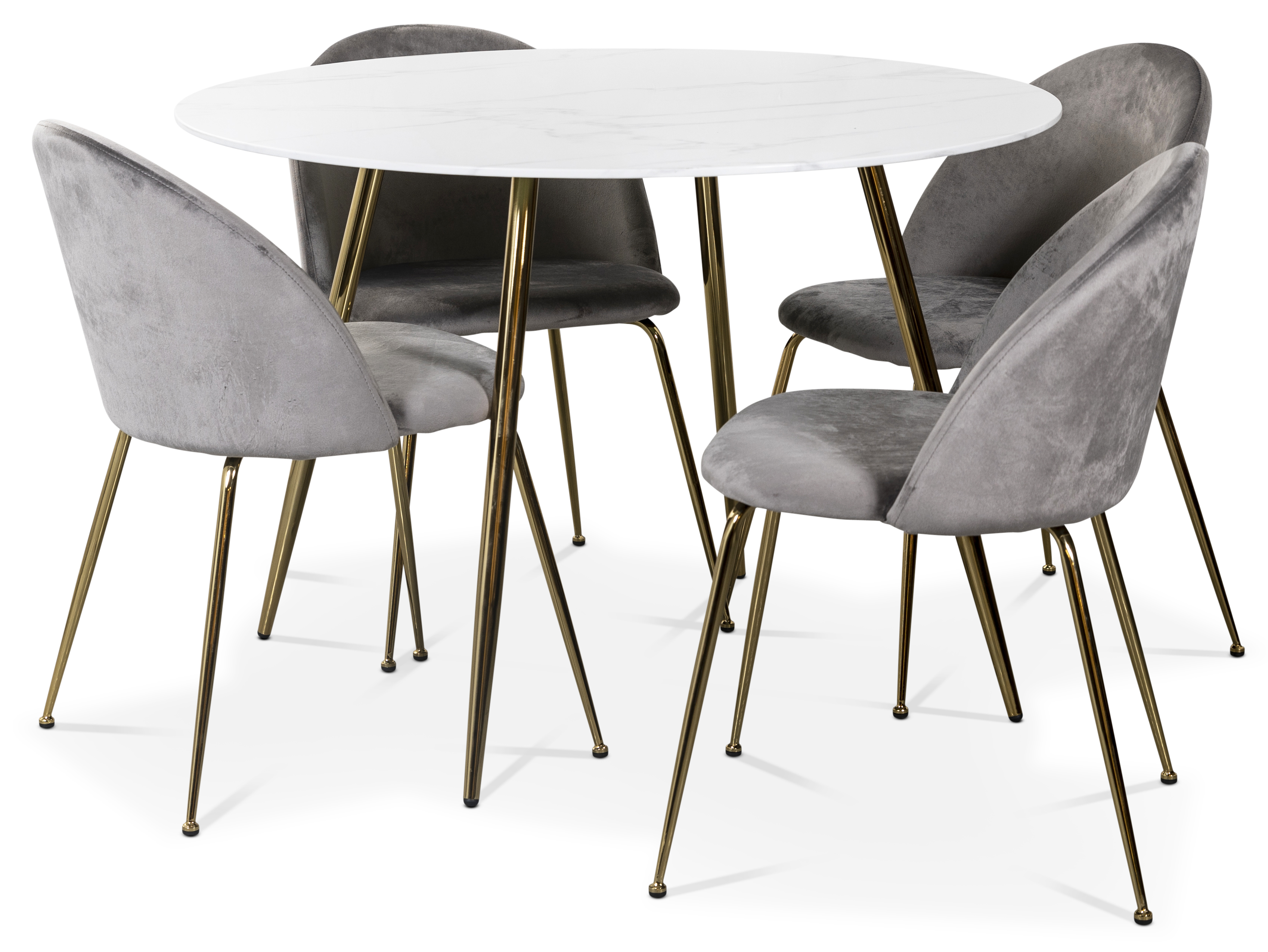 Art Essgruppe: Runder Tisch Marmor/Messing + 4 Art Stühle grauer Samt/Messing Art Essgruppe: Runder Tisch Marmor/Messing + 4 Art Stühle grauer Samt/Messing