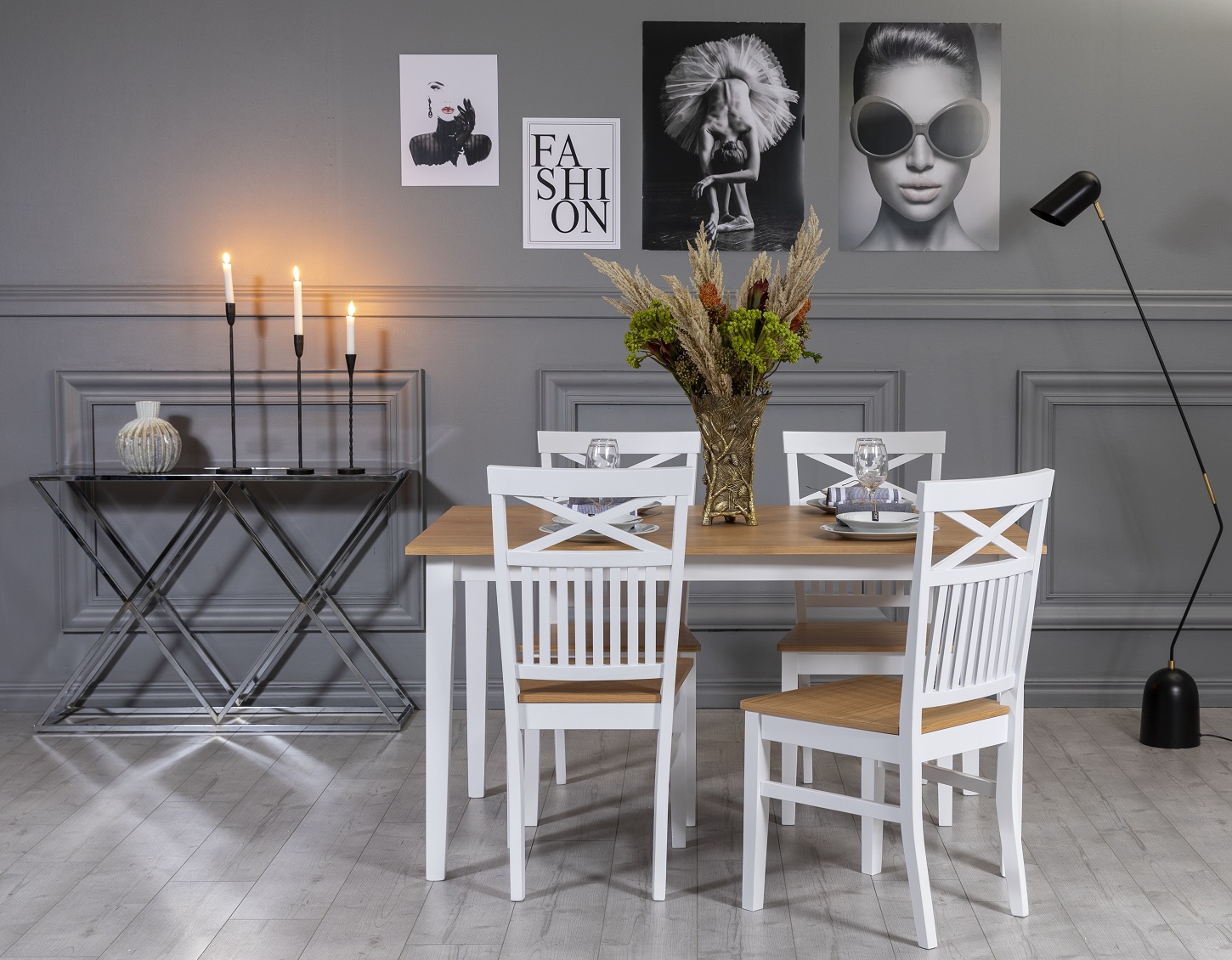 F�r� Essgruppe 140 cm inklusive 4 St�hle mit Kreuz - Eiche/wei�