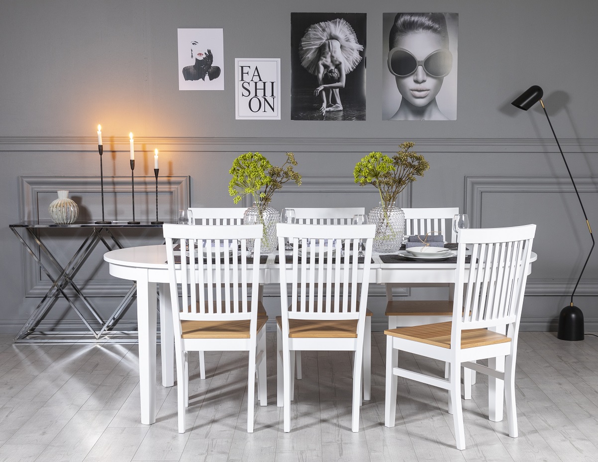 G�s� Essgruppe: Tisch 160/210 cm inklusive 6 F�r� St�hle - Wei�/Eiche