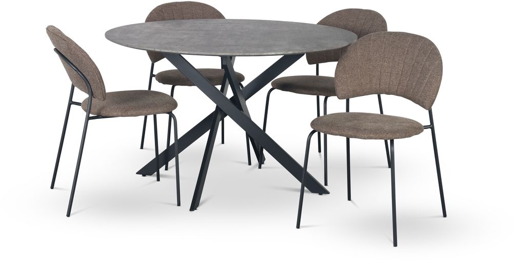 Hogrän Essgruppe Ø120 cm Tisch in Betonoptik + 4 Hogrän braune Stühle Hogrän Essgruppe Ø120 cm Tisch in Betonoptik + 4 Hogrän braune Stühle
