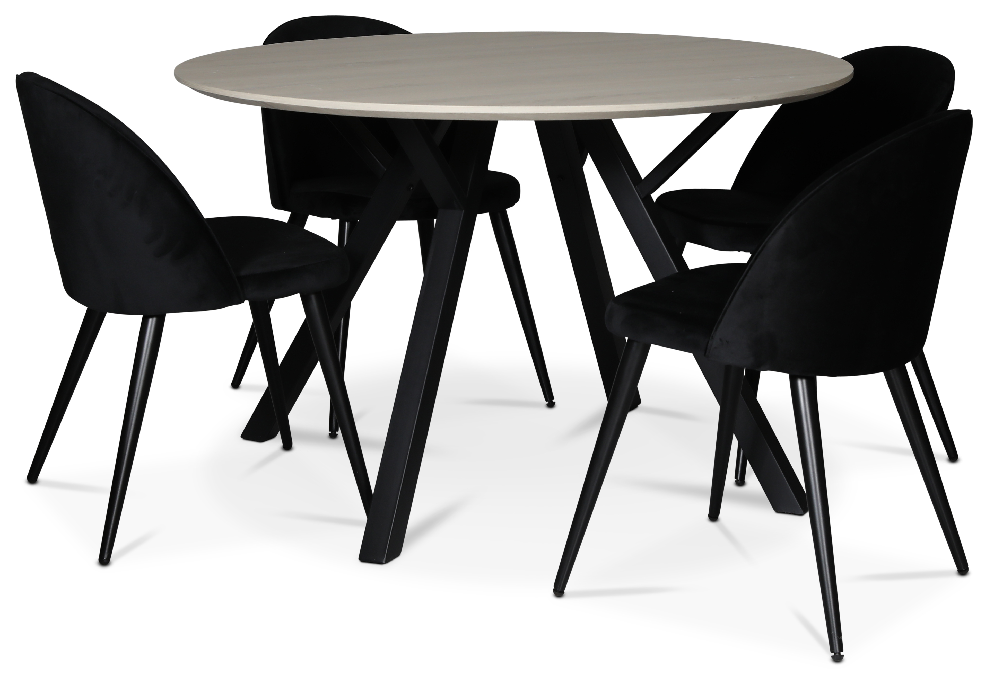 Lebensmittelgruppe Ankara; runder Esstisch + 4 schwarze Alice-Stühle + 3.00 x Möbelfüße Lebensmittelgruppe Ankara; runder Esstisch + 4 schwarze Alice-Stühle + 3.00 x Möbelfüße