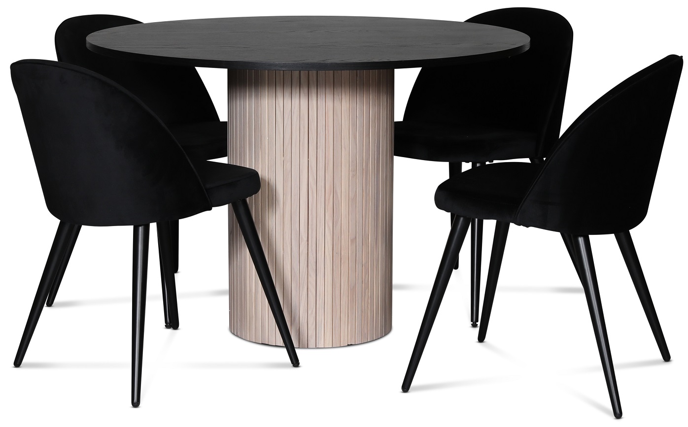 Dezibel-Lebensmittelgruppe; runder Esstisch + 4 Alice-St�hle aus schwarzem Samt