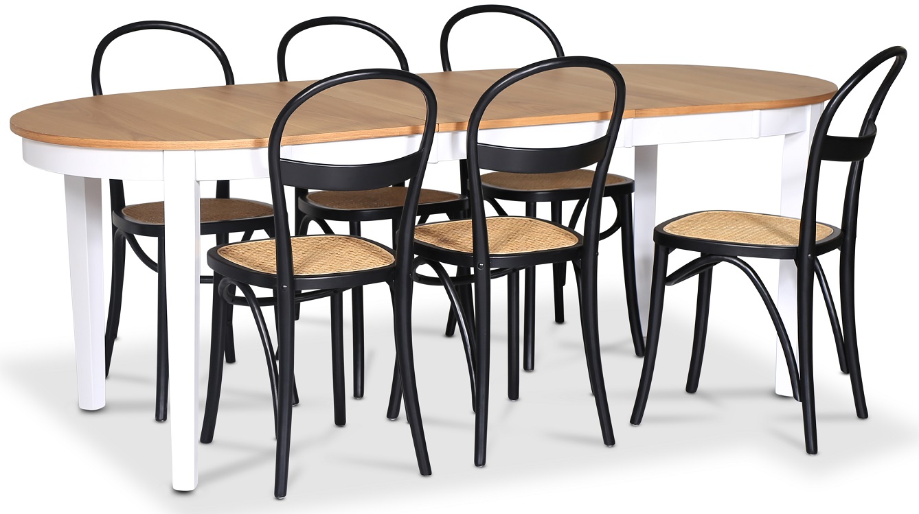 Esstisch-Set; Tisch 160-210 cm - Wei� / Ge�lte Eiche mit 6 St�hlen - F�r�