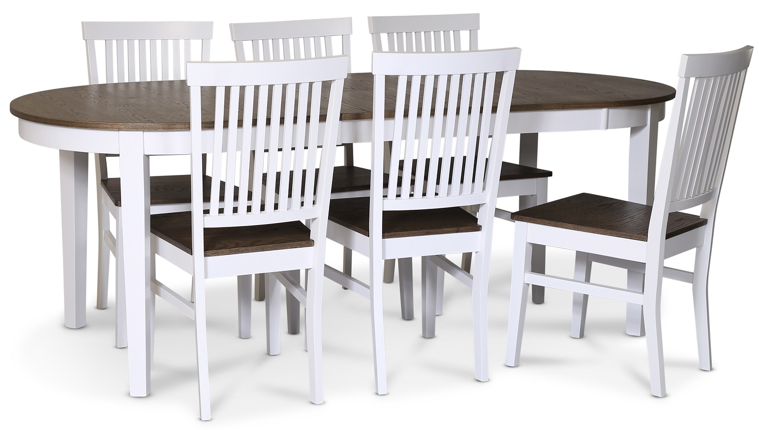 Lebensmittelgruppe Skagen; Esstisch 160/210x90 cm - Eiche wei�/braun ge�lt mit 6 Skagen St�hlen mit brauner Sitzfl�che